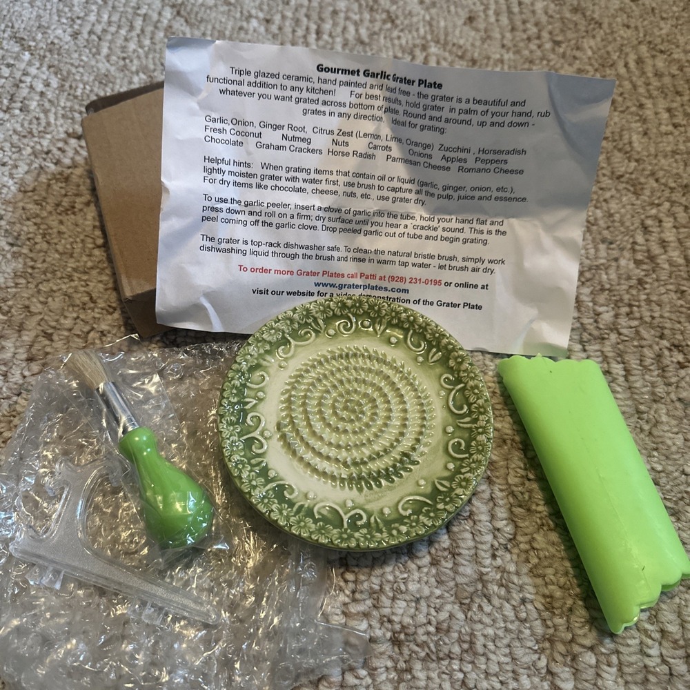 Premium Ceramic Garlic Grater Plate Set - Lime Cross Glazed NEW